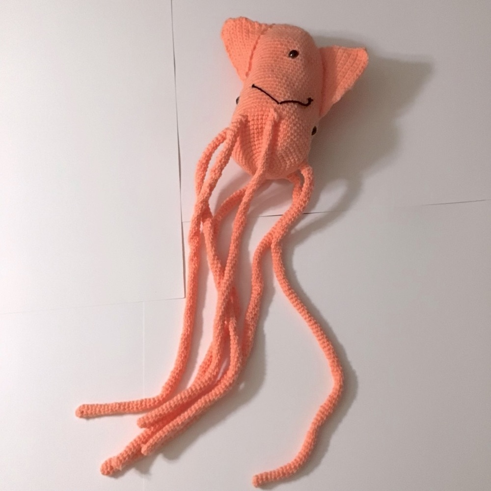 Hand Crocheted Alien Squid Stuffed Animal 36" Long Peach Unique Oddball Plush